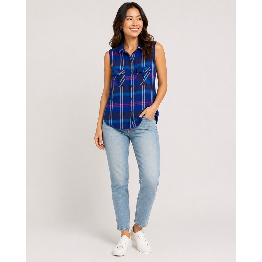 Rails x Free People Sleeveless Flannel Shirt Womens Medium Blue Pink Rayon